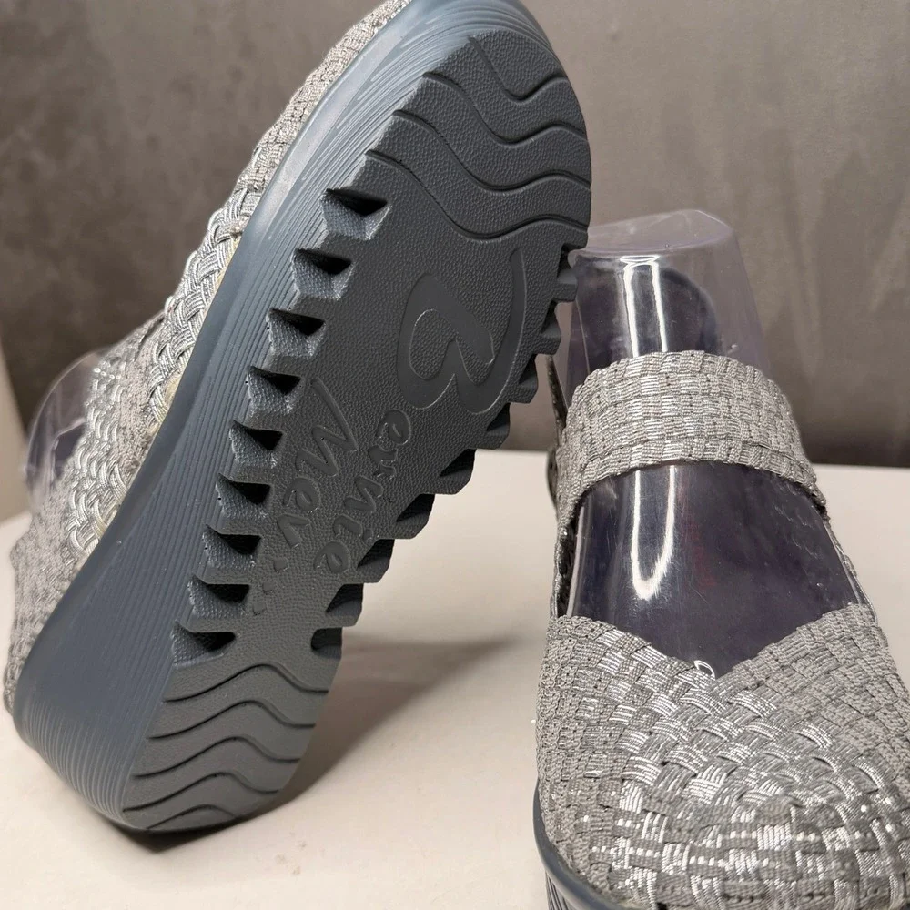 Bernie Mev Lulia Wedge Mary Jane Women 41 Silver Grey Woven Elastic Platform New